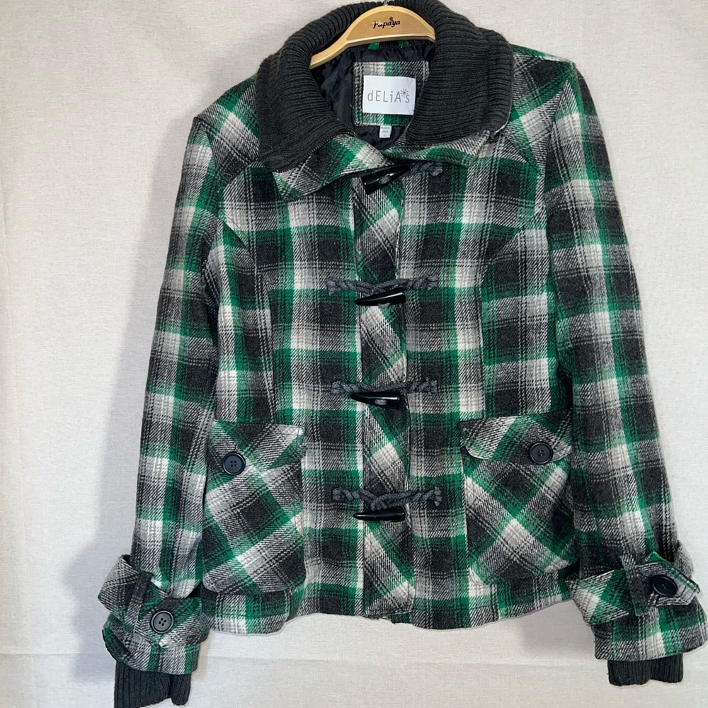 DELIA'S Women's Green Plaid Full Zip/Horn Button Short Jacket Size L Wool Blend